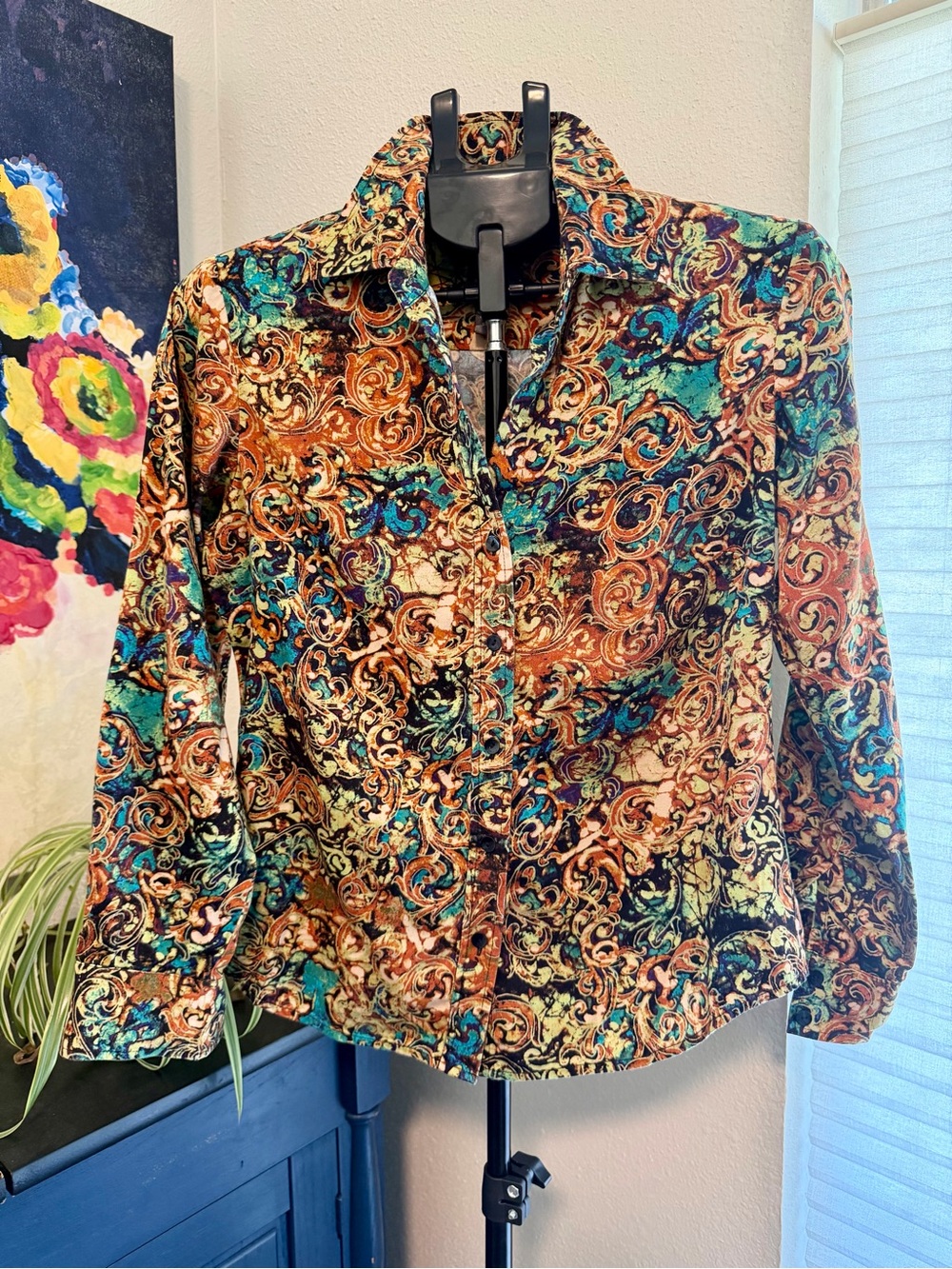 Chico’s Additions Baroque Paisley Stretch Cotton Button Down Shirt Size 0